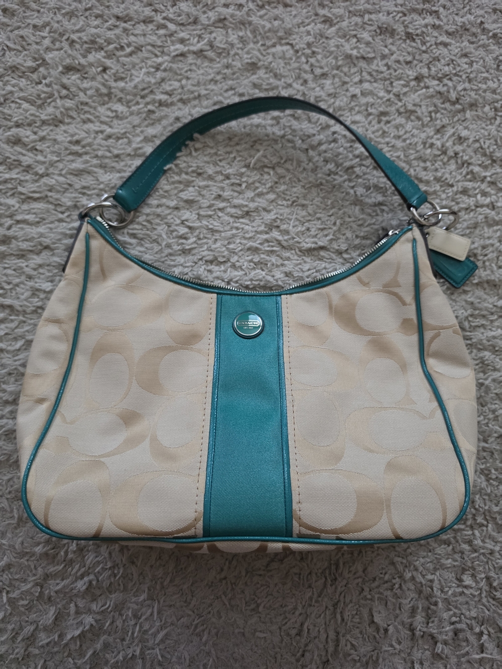 Coach Cream Signature Canvas Shoulder Bag with Teal Trim